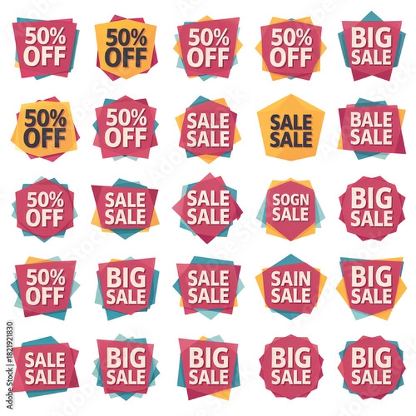 Fototapeta Collection of vibrant sale and discount tags with percentage off and big sale text isolated on transparent background