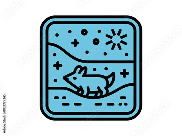 Obraz A stylized rabbit walks through a landscape under a sun and starry sky, depicted in a bold graphic illustration style.