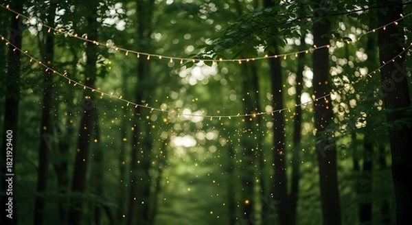 Fototapeta Enchanting string lights illuminate a lush green forest path, creating a magical and serene ambiance for an outdoor event or romantic evening