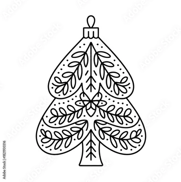 Obraz A decorative Christmas tree ornament with intricate floral and dot patterns is depicted in a simple black and white line drawing.