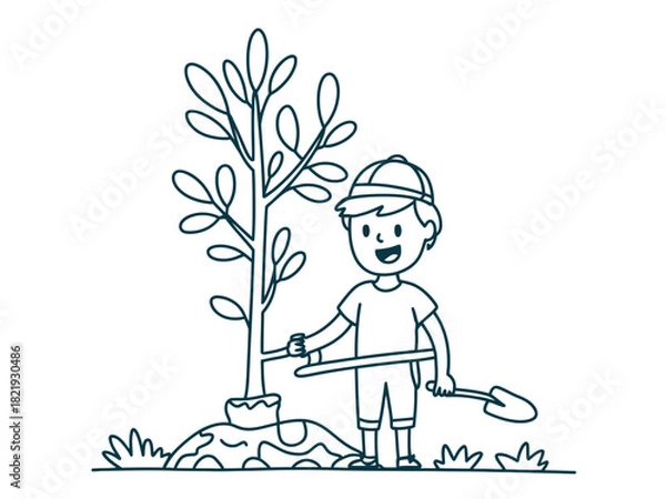 Obraz A young boy wearing a hat and holding a shovel is planting a tree in a garden.