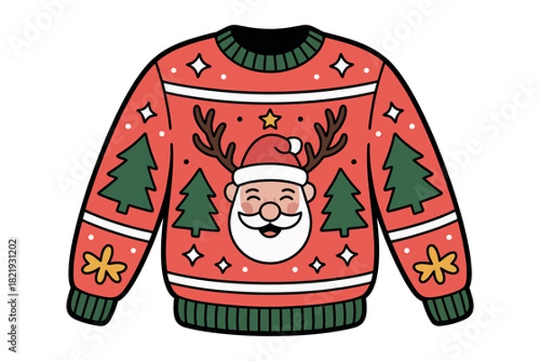 Obraz A festive red Christmas sweater features a cheerful Santa Claus face with reindeer antlers, surrounded by iconic holiday symbols like Christmas trees and snowflakes.