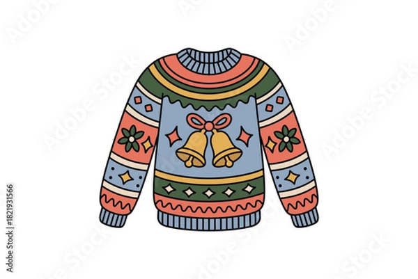 Obraz A festive, blue, long-sleeved Christmas sweater adorned with bells, flowers, and geometric patterns is presented against a white background, evoking a cozy holiday spirit.