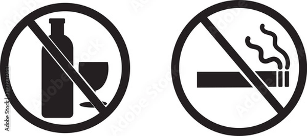 Fototapeta No smoking and no alcohol prohibition sign set. Forbidden cigarette, wine bottle, and drinking glass warning icon vector collection.
