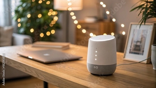 Obraz Photo of smart speaker on a wooden desk with a laptop, blurred festive lights and home decor, symbolizing modern smart home technology and a connected home