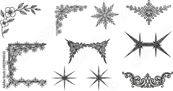 Obraz Elegant vintage floral and ornamental vector corner designs, decorative frames, starburst motifs, retro flourishes, intricate silhouette elements