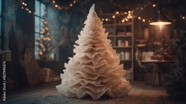 Fototapeta Christmas tree made from coffee filters dyed and ruffled on cone,
