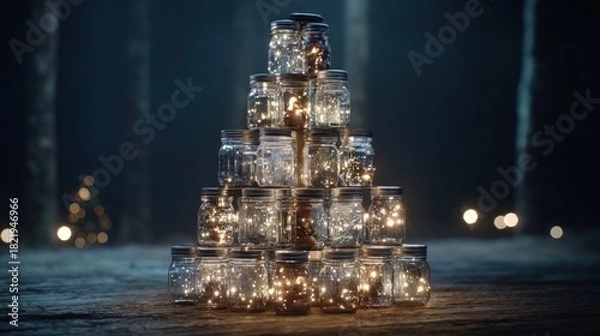 Fototapeta Christmas tree made from mason jars stacked and filled with lights,