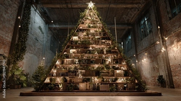 Obraz Christmas tree made from recycled materials in eco-friendly display,