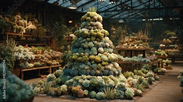 Fototapeta Christmas tree made from succulent plants in garden center display,