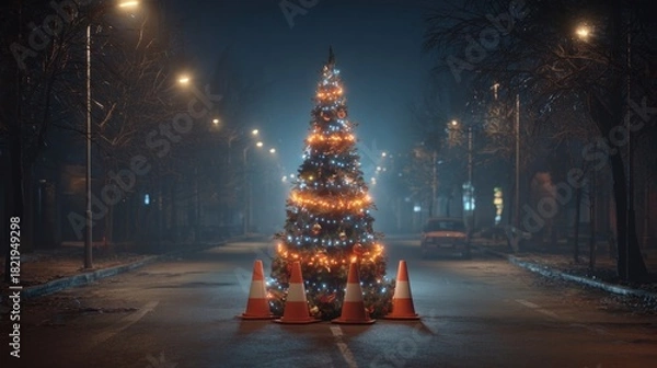Fototapeta Christmas tree made from traffic cones decorated with lights and garland,