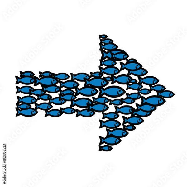 Fototapeta Blue fish school forming an arrow shape symbolizing teamwork, unity, movement and nature-inspired direction