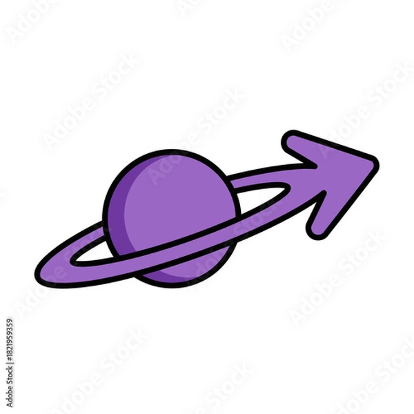 Fototapeta Purple planet with orbiting arrow symbolizing space exploration, sci-fi navigation and futuristic movement graphics