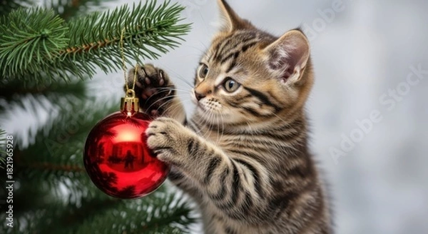 Fototapeta Kitten playing with red ornament on Christmas tree in festive setting  