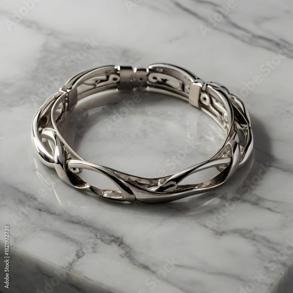 Obraz A luxurious silver bracelet showcases an elegant, intertwining design, symbolizing eternal connection, poised against a sophisticated marble surface.