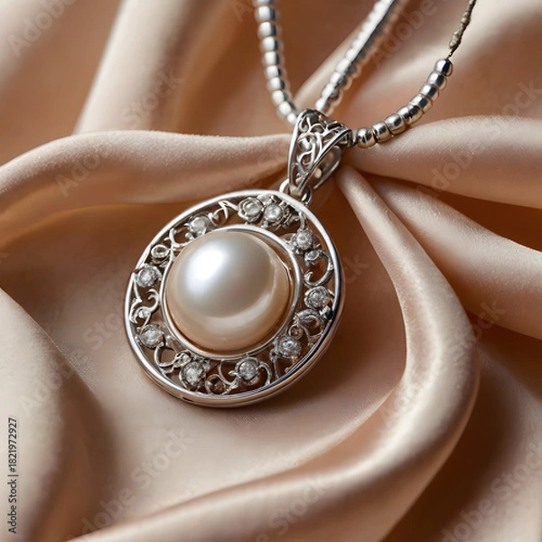 Obraz An elegant close-up of a lustrous pearl pendant, captured against a backdrop of draped fabric, celebrating timeless beauty and luxuriousness.