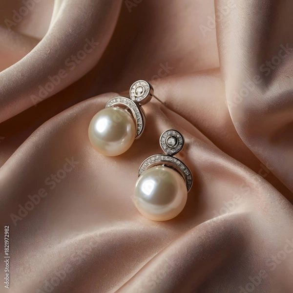 Obraz A pair of exquisite pearl earrings lies delicately on a luxurious satin cloth, the soft lighting highlighting their luminous surface and intricate design.