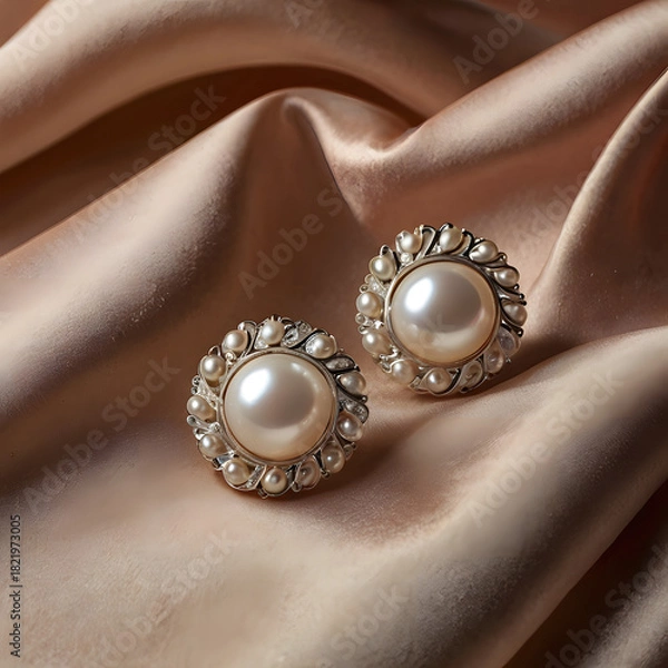 Obraz A captivating close-up presents a pair of elegant pearl earrings, their lustrous surfaces gleaming softly against a backdrop of luxurious satin.