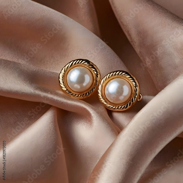 Obraz Elegant pearl earrings with gold frame, gracefully adorning a luxurious silk fabric background, evoking sophistication and timeless beauty.