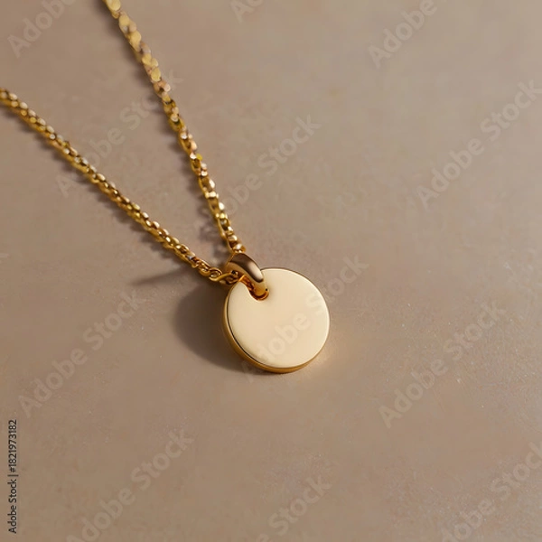 Obraz A close-up captures a gleaming gold pendant necklace, exhibiting luxury and elegance, against a neutral background. The circular charm reflects light, its simple design enhancing its preciousness.