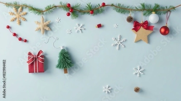 Obraz Christmas festive decoration on light blue background, top view