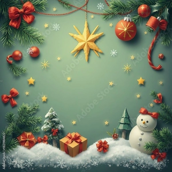 Obraz Christmas holiday frame with snow, snowman, and gifts on green