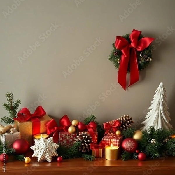 Obraz Christmas holiday decorations with gifts, candles, and a wreath