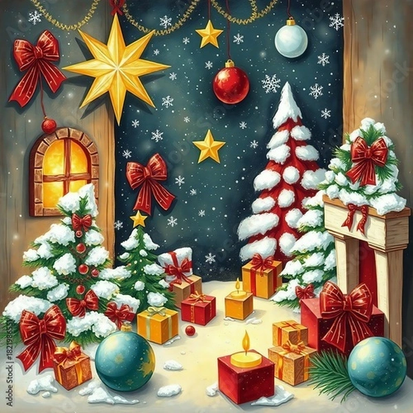 Obraz Snowy christmas scene with gifts, decorated trees, and warm glow