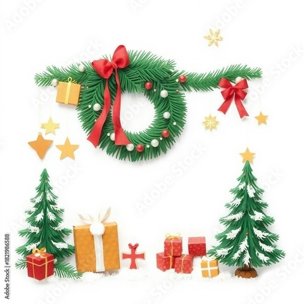 Obraz Christmas paper craft decorations with trees, wreath, and gifts