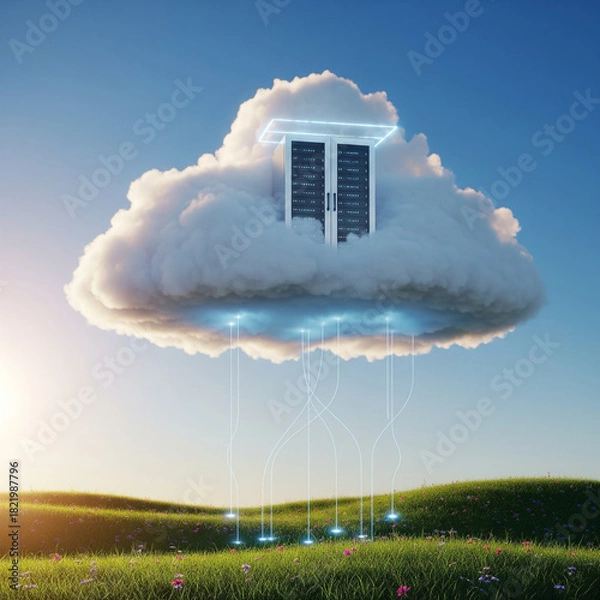 Obraz Server Rack Data Center Emerging from a Cloud Over a Green Field: Cloud Computing, Sustainable Data, and Digital Services