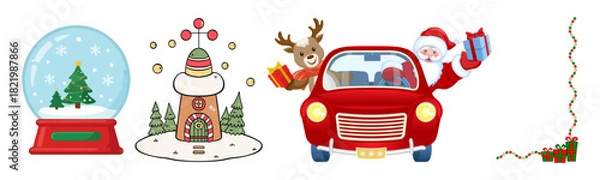 Fototapeta Whimsical christmas scene with santa, reindeer, snow globe, and festive decorations on white