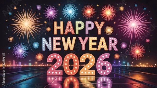 Fototapeta Happy new year 2026 with colorful fireworks display