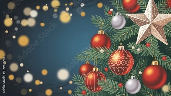 Fototapeta Festive christmas tree decorated with ornaments and twinkling lights