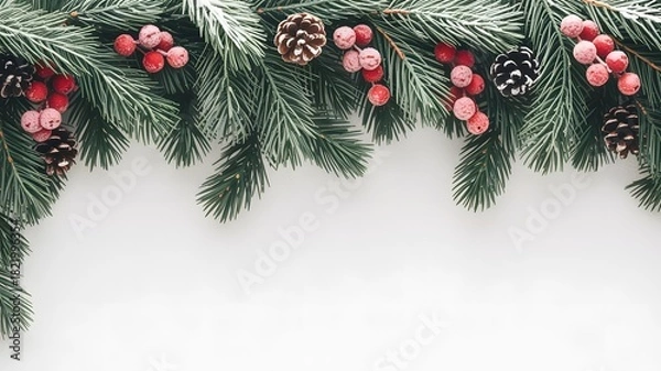 Obraz Festive christmas garland with pine cones and red berries on white background