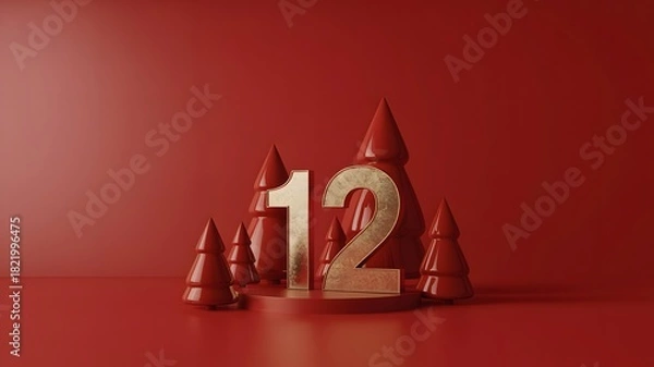 Fototapeta Golden number 12 surrounded by miniature red christmas trees