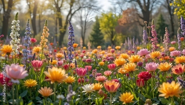 Fototapeta the spring season garden is full of colorful flowers is awesome