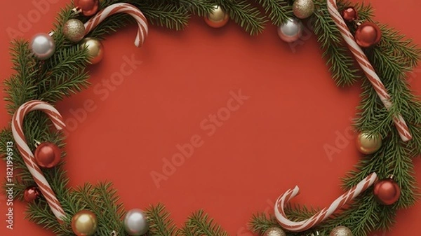 Obraz Christmas wreath with candy canes and ornaments on red background