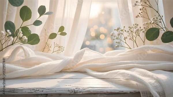 Obraz Soft flowing fabric draped over a rustic wooden surface with gentle sunlight filtering through sheer curtains and greenery