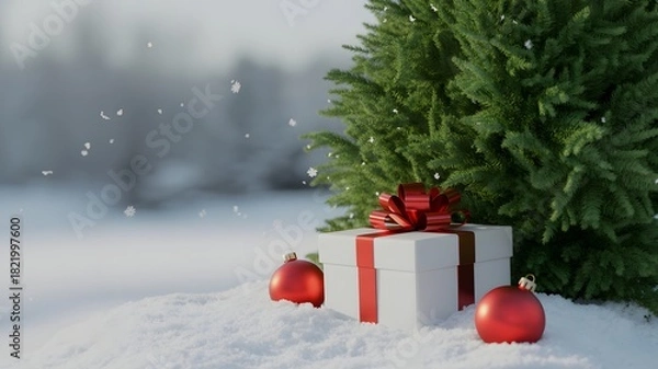 Obraz Christmas tree gift box and ornaments in snowy winter forest