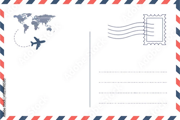 Fototapeta Blank Postcard Template with Airplane World Map and Stamp Ready for Travel Messages and Greetings