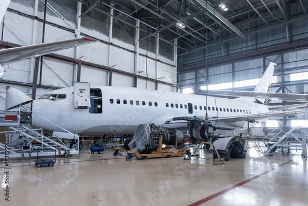 Obraz White passenger airplane under maintenance has opened weather radar and engine removed located nearby in the aircraft hangar
