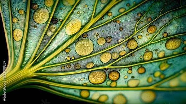 Fototapeta A botanical leaf surface with spherical droplets illustrating natural hydration processes and the relationship between plants and moisture.
