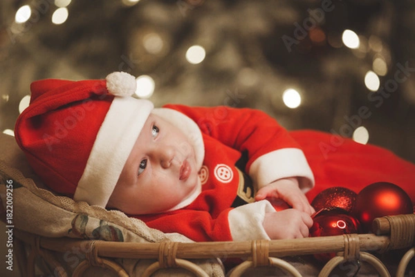 Obraz Little girl lays on a holiday background in Santa costume