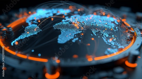 Fototapeta A global digital interface showing interconnected regions to illustrate worldwide data exchange and the conceptual flow of technological communication.
