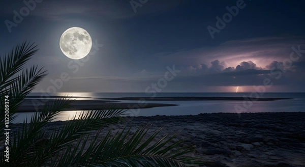 Obraz Full Moon Illuminates a Tropical Night Sky with Lightning Storm Approaching Over a Serene Ocean