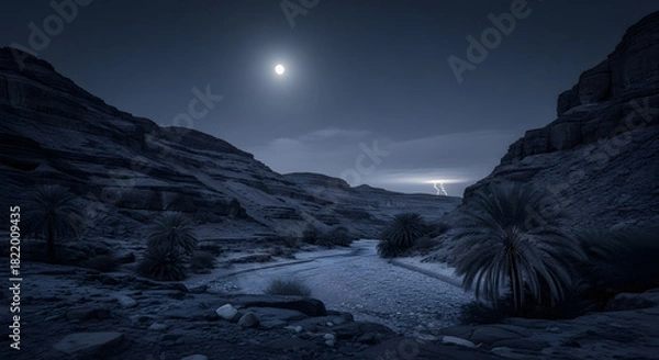 Obraz Moonlit Night Over a Rugged Canyon Landscape with Dramatic Rock Formations and a Glimmering Dry Riverbed