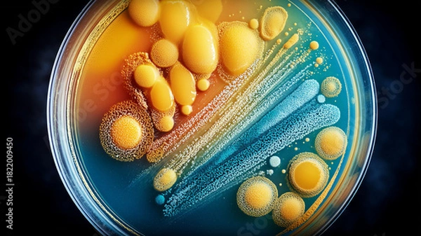 Obraz Microbial colonies forming dynamic biological patterns inside a petri dish, representing natural organism behavior and scientific exploration of microbial systems.
