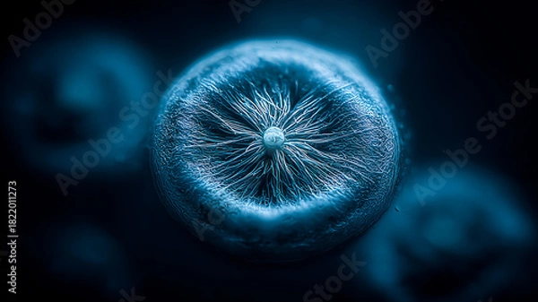 Obraz A detailed single cell structure concept showcasing radial filaments surrounding a central core, symbolizing biological organization and microscopic precision.
