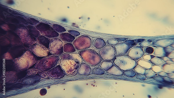 Fototapeta A scientific tissue morphology concept displaying irregular cellular clusters forming an elongated structure, symbolizing biological transformation and internal processes.
