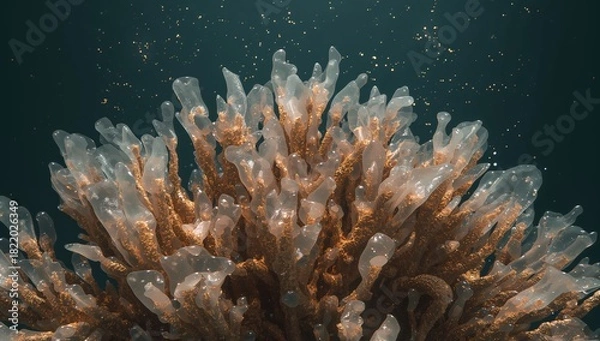 Fototapeta Golden and transparent coral branches underwater with sparkling particles and soft teal light